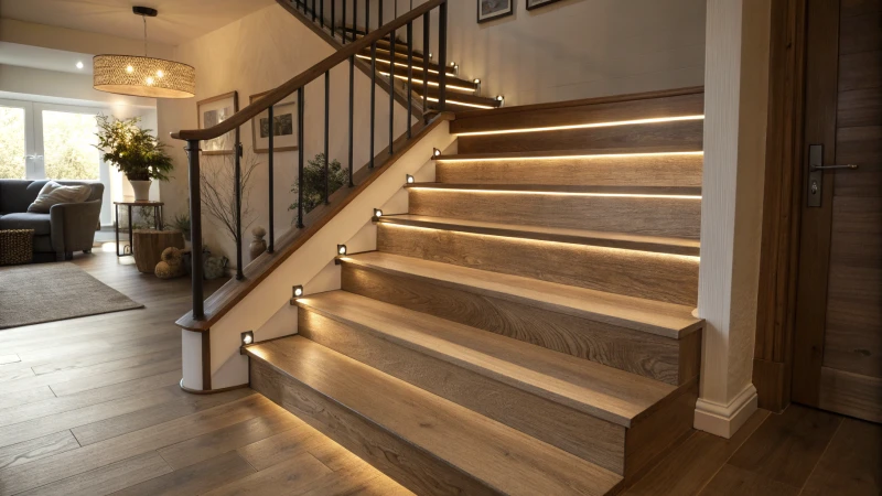 Photorealistic wooden staircase with dark stair nosing