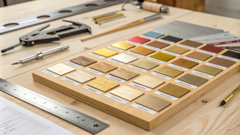 Workspace with brass alloy samples on a wooden workbench