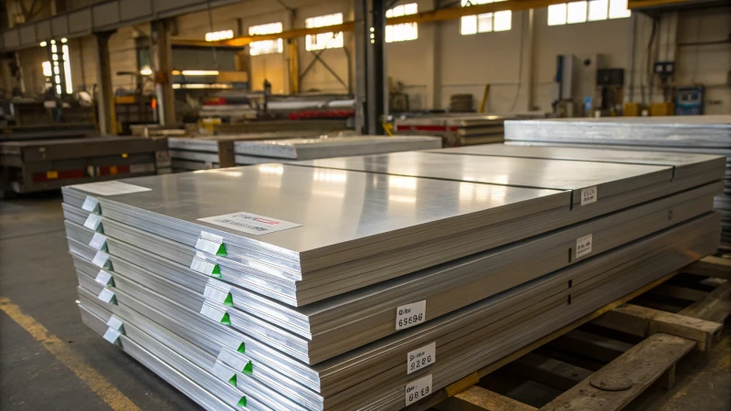 Stack of polished aluminum 5456 sheets in an industrial workshop