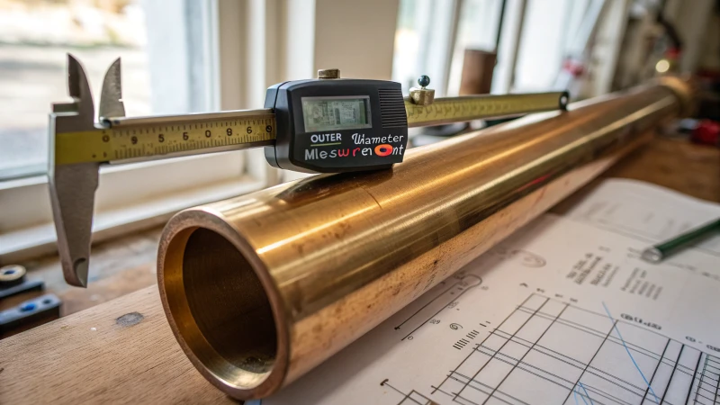 Close-up of a brass pipe being measured with a digital caliper