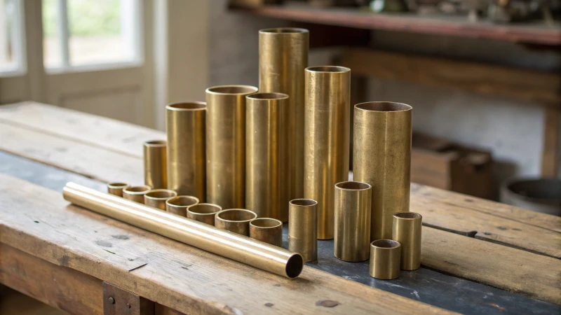 An assortment of brass pipes on a rustic wooden table