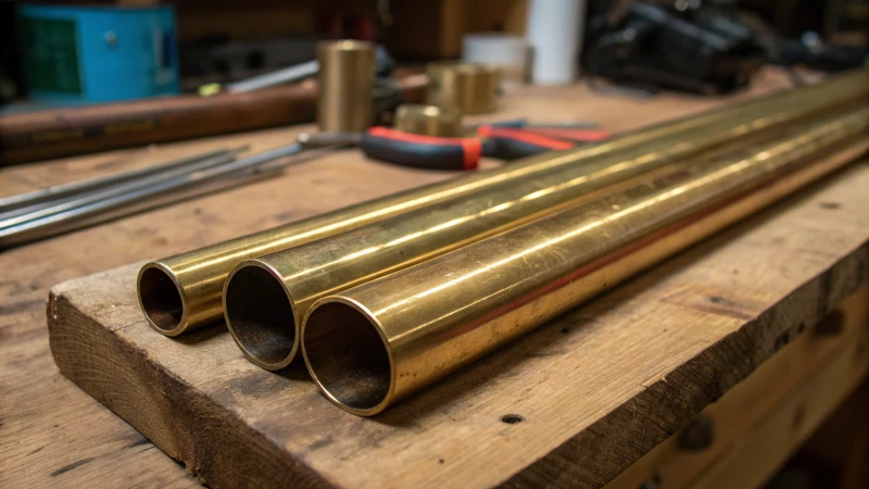 Close-up of brass pipes on a workbench