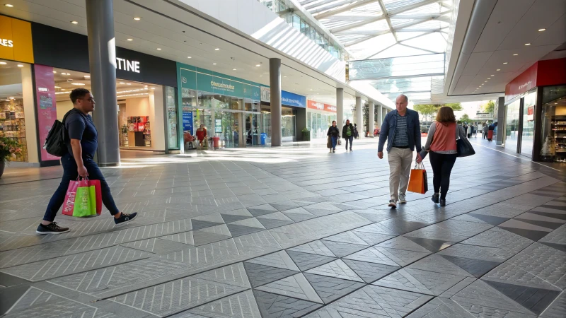 A bustling commercial space with grey UPS tiles and people shopping.