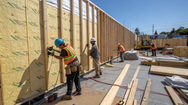 Construction workers installing furring walls
