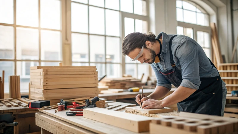 Carpenter assembling wooden components in a workshop