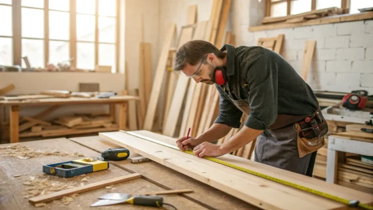 A carpenter measuring and cutting wood in a workshop.