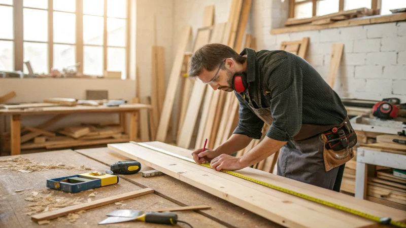 A carpenter measuring and cutting wood in a workshop.