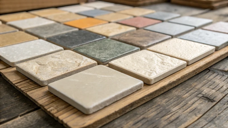 Close-up view of unpolished ceramic tiles on a wooden surface