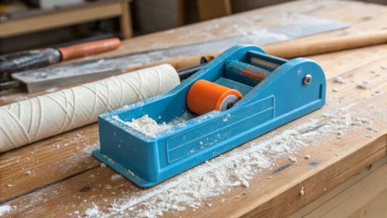 Close-up of a chalk line tool on a wooden workbench