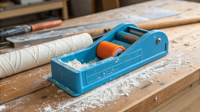 Close-up of a chalk line tool on a wooden workbench