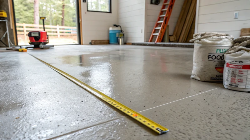 Close-up view of a smooth concrete floor with tools for installation