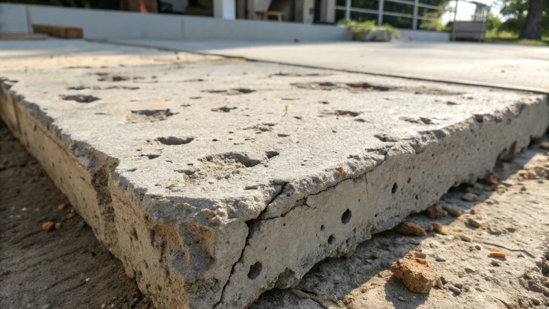 Close-up of rough concrete slab with air pockets and cracks
