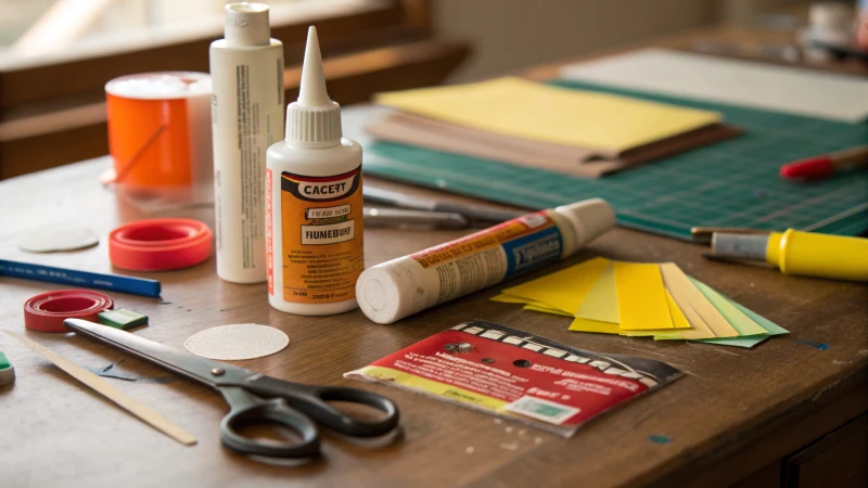 A cluttered workbench with adhesive products and crafting materials