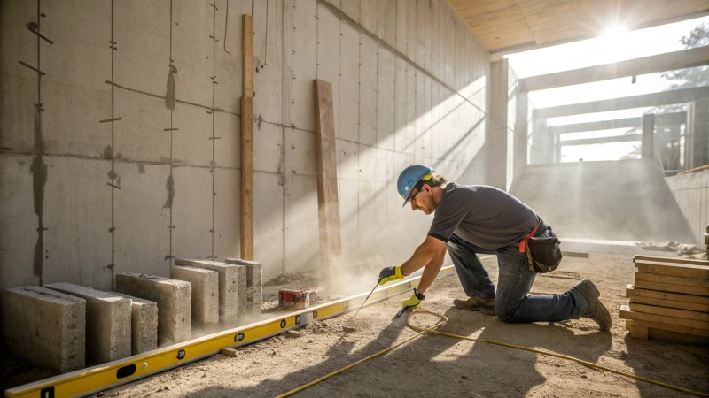 A construction worker using a chalk line tool on site