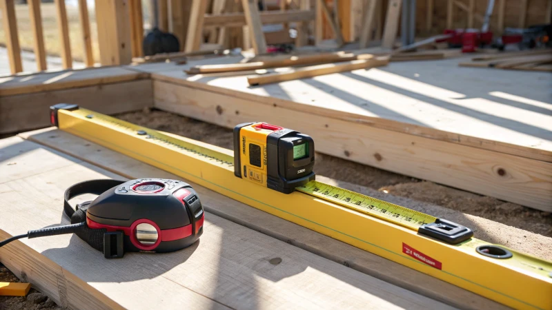 A bright construction workspace showcasing chalk line, ink line tool, and laser level