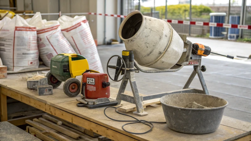A construction workbench with various concrete mixing tools.