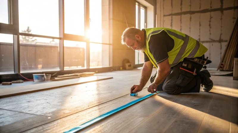 Construction worker pulling a chalk line on a wooden floor