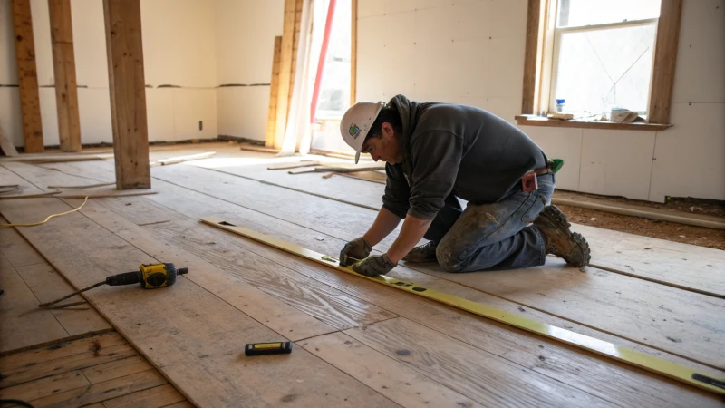 A construction worker using a level tool on a wooden floor