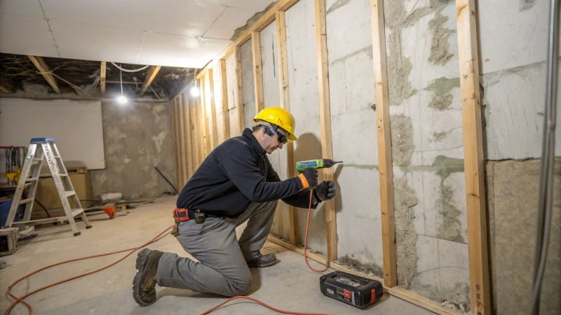 A construction worker installing furring strips on a concrete wall.