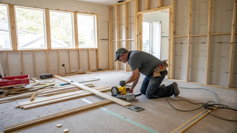 A construction worker installing a furring wall