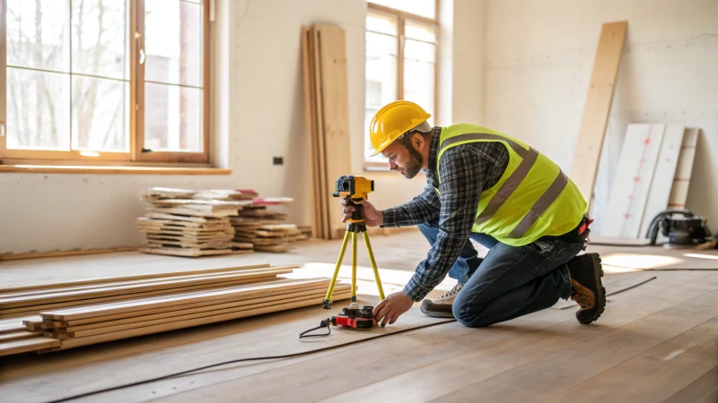 Construction worker using a laser level on a wooden floor