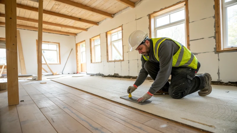 A construction worker applying leveling compound on a wooden subfloor