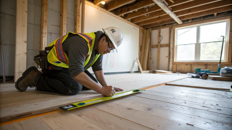 Construction worker measuring wooden floor