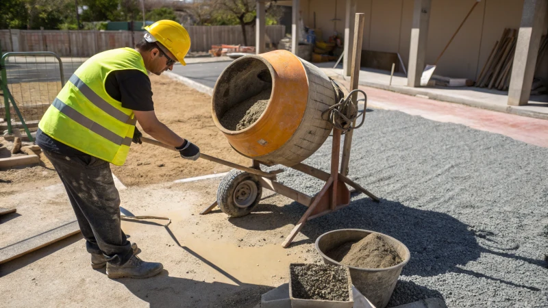 Construction worker mixing concrete in a drum mixer