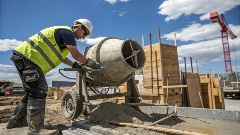Construction worker operating a concrete mixer on-site.