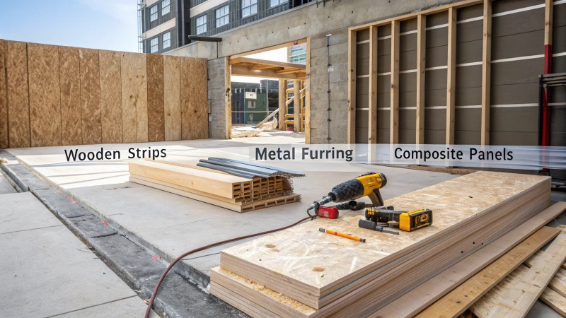 Photorealistic image of furring materials on a construction site