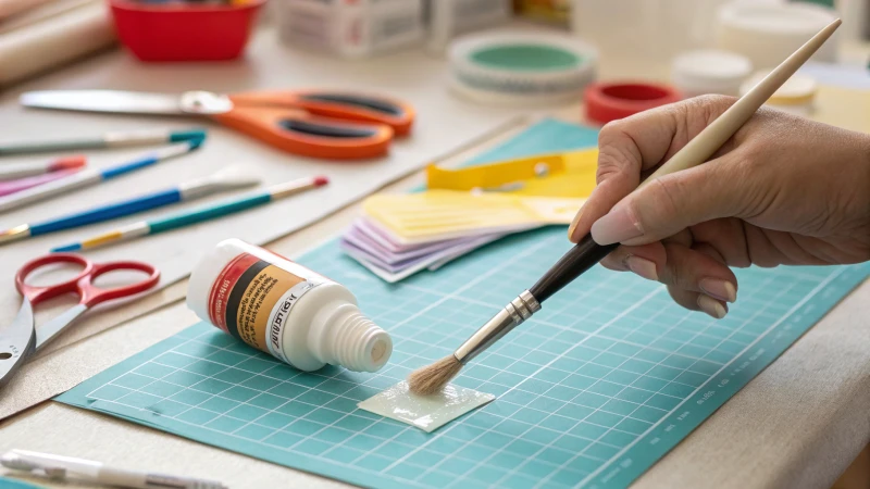 Close-up of a hand applying rubber cement with a brush