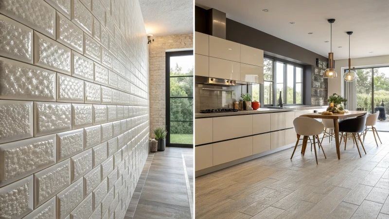 A split view of a modern kitchen showcasing matte and glossy tiles.