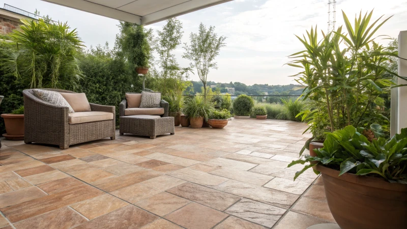 A modern outdoor patio with UPS tiles and green plants