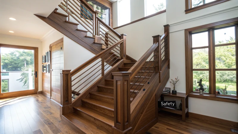 A modern wooden staircase in a bright interior setting
