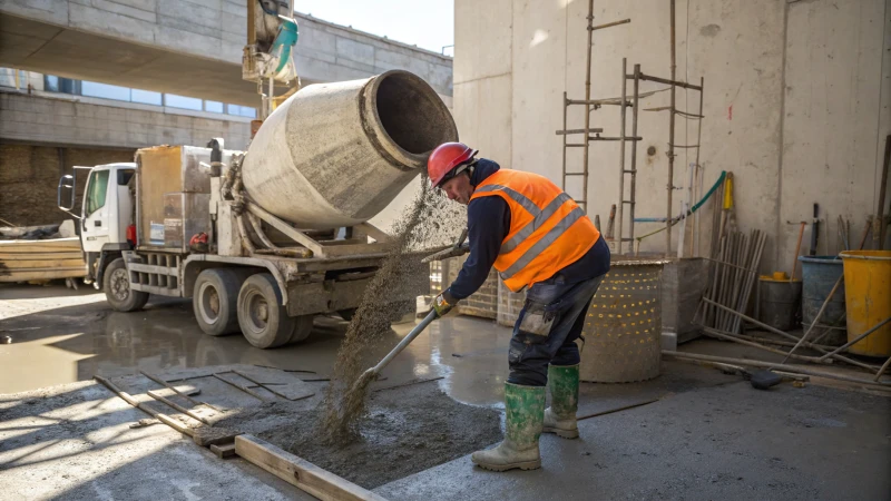 Construction site with a worker pouring concrete
