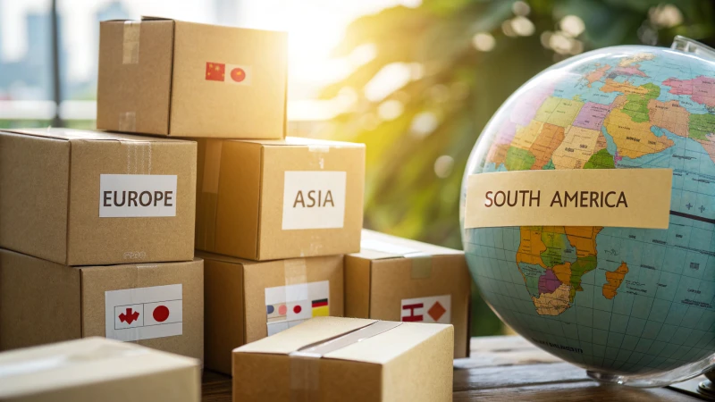 A collage of shipping boxes with a globe