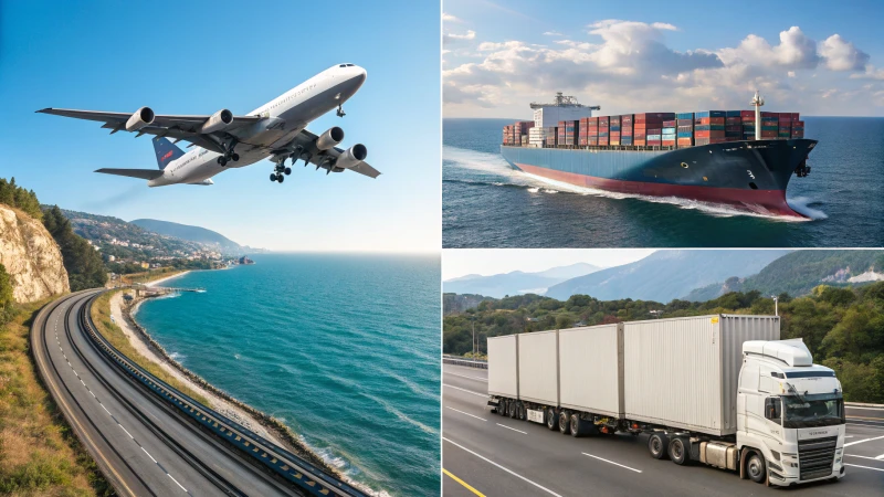Collage of various shipping methods including a cargo airplane, container ship, delivery truck, and freight train.