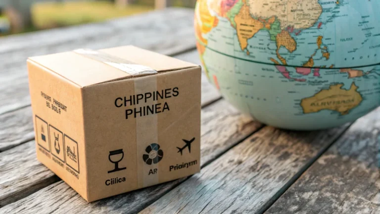 A small cardboard package on a wooden table with shipping labels and a globe in the background.