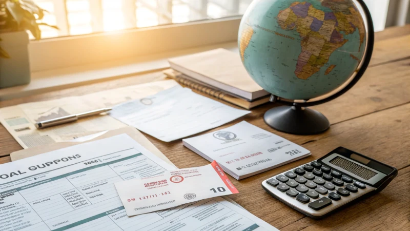 A cluttered wooden desk with customs documents and a globe