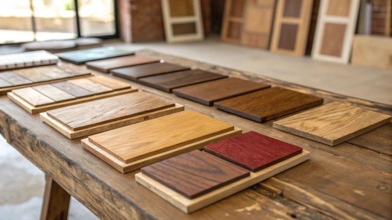 Various wooden samples on a rustic table