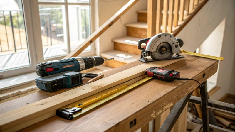 Wooden workbench with stair construction tools