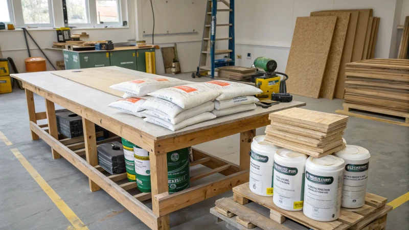 A workshop with various flooring materials on a workbench.