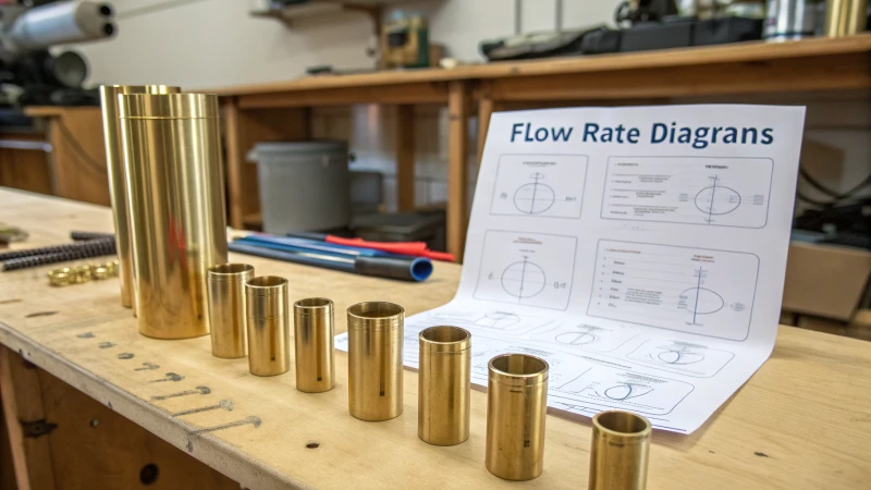 A workshop table with various brass pipes and flow rate diagrams.