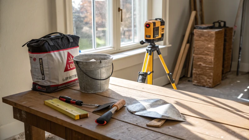 Organized workspace with floor leveling tools