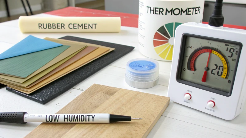 A detailed workspace with rubber cement on various surfaces and instruments measuring temperature and humidity.